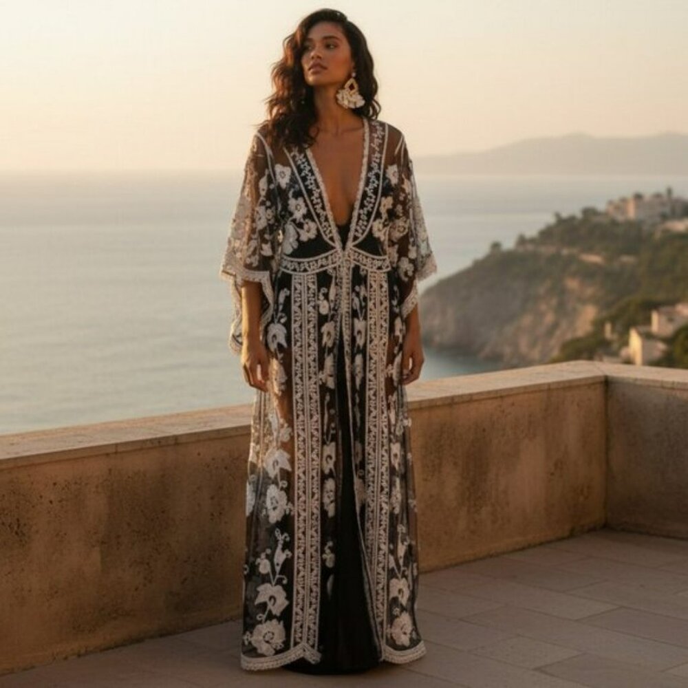 ASHA Gypsy Boho Embroidered Duster L M S Robe Maxi Dress Swim Cover Up Kimono